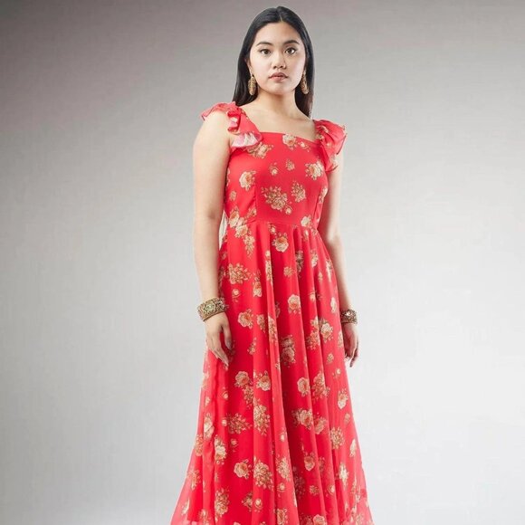 Red Printed Chiffon Ankle-Length Dress | Muvvas Boutique - Picture 1 of 5